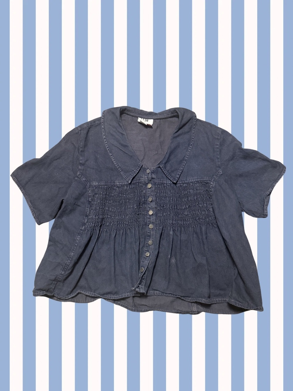 MW - Made In USA Navy Blue Short Sleeve Smocked Button Front Top - Size (M)